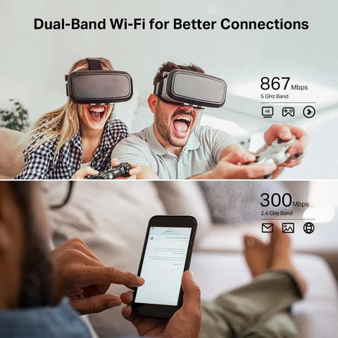 People using VR and gaming with Archer A54 Dual Band AC1200 WiFi Router With 4 Fast Ethernet Ports EasyMesh Ready for better connections
