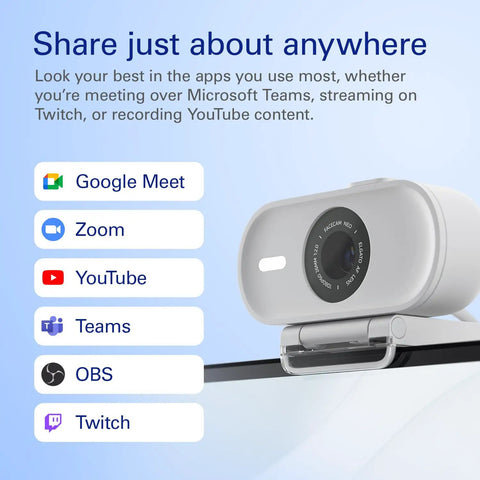 Pro 1080p Webcam Featuring Slick 60Fps Video And Secure Privacy Shutter For Instant Plug And Play Action On Laptops And Desktops, showcasing video call compatibility icons.