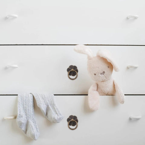 Vintage U Shaped Drop Ring Cabinet Handles Set Of 10 Iron Drawer Pulls For Wardrobe And Furniture Replacement Great For Dresser Kitchen Cupboard Doors Durable Iron Hardware on white dresser with plush toy and socks.