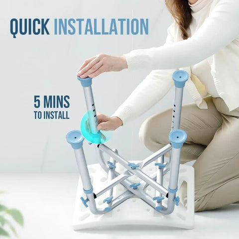Person assembling Heavy Duty Shower Chair With Back Support, 500 lb capacity, showing tool-free assembly and height adjustment.