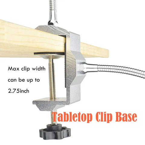 Close-up of clamp base of Soldering Third Hand Tool With Tabletop Clamp, Two Nickel Plated Flexible Arms And Rotatable Alligator Clips