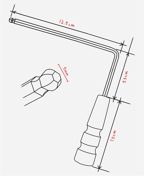 Diagram showing dimensions of Pro Grade Five Piece Guitar Truss Rod Allen Wrench Set With Solid Wood Handle, 5 mm size detail.