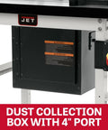 Pro Grade Router Lift With Cast Table Kit Featuring Hella Smooth Above The Table Adjustments Built Like A Tank For Serious Crafters Paired With Heavy Duty Wheels And Modular Fence System with dust collection box and warning label.