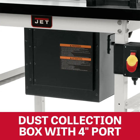 Pro Grade Router Lift With Cast Table Kit Featuring Hella Smooth Above The Table Adjustments Built Like A Tank For Serious Crafters Paired With Heavy Duty Wheels And Modular Fence System with dust collection box and warning label.