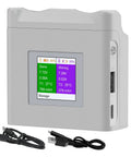 Portable Dual Bay Drone Battery Charger With Color Screen Display Ultra Fast Charge Easy Readouts For Charge Levels And Current Compact ABS On The Go Charging Station For Drone Flyers And Hobbyists showing color display with battery stats and USB cables.