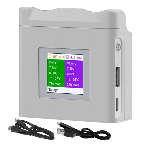 Portable Dual Bay Drone Battery Charger With Color Screen Display Ultra Fast Charge Easy Readouts For Charge Levels And Current Compact ABS On The Go Charging Station For Drone Flyers And Hobbyists showing color display with battery stats and USB cables.