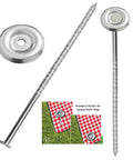 Heavy Duty Outdoor RV Rug Stakes 6 Inch Stainless Steel Spira Mats Stakes with spiral design and washer detail