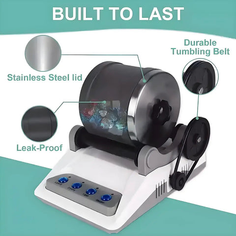 Rock Tumbler Kit With Detachable Stone Polisher And Electric Gem Grinder Includes Timer Buttons Straps Rough Stones Grinds And Polishing Grit For DIY Gemstone Polishing At Home, stainless steel lid and durable tumbling belt