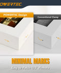 Comparison of POWERTEC design and conventional clamp highlighting minimal marks for Miter Spring Clamps Kit With Spring Loaded Pliers