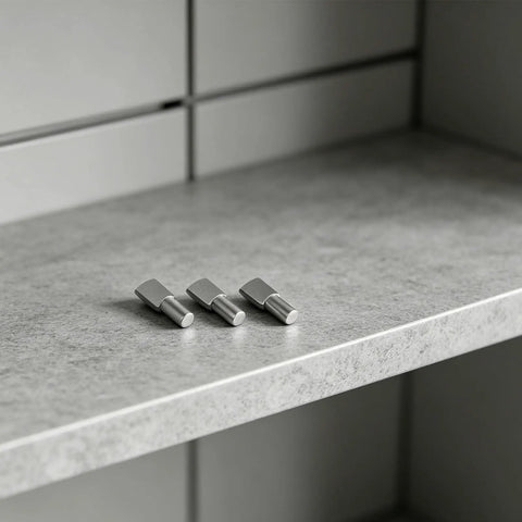 Three silver shelf pegs on a countertop, 80 Pack 5mm Shelf Pegs Spoon Shape Iron Cabinet Pegs, Heavy Duty Nickel Plated Bracket.