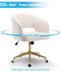 Velvet Home Office Chair With Gold Base, Swivel Desk Chair For Living Room Or Vanity in cream, showcasing 360-degree swivel