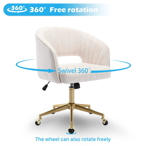 Velvet Home Office Chair With Gold Base, Swivel Desk Chair For Living Room Or Vanity in cream, showcasing 360-degree swivel