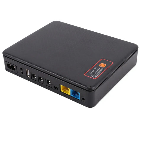 Compact Mini Ups Battery Backup With A Rock Solid 20800mAh Capacity For Routers And Modems, black unit with multiple ports.