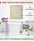 Comparison of flimsy plastic access panel vs Heavy Duty Aluminum Access Panel For Drywall And Ceiling, 12x18 inch, thickened alloy.