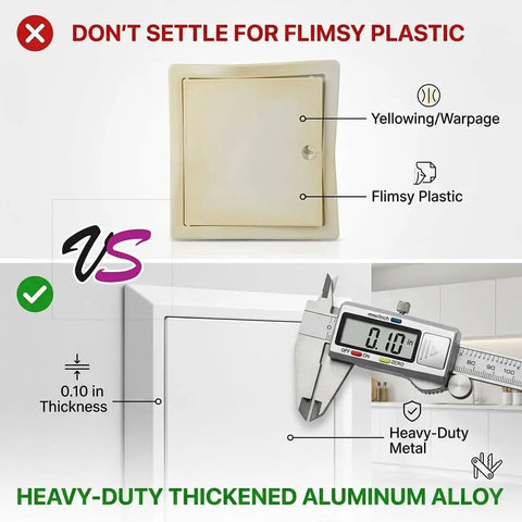 Comparison of flimsy plastic access panel vs Heavy Duty Aluminum Access Panel For Drywall And Ceiling, 12x18 inch, thickened alloy.
