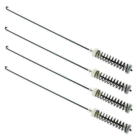 Four Washer Suspension Rod Kit For Whirlpool Amana NTW Series 25.5 Inch Replacement with springs and bushings, black rods, top view.