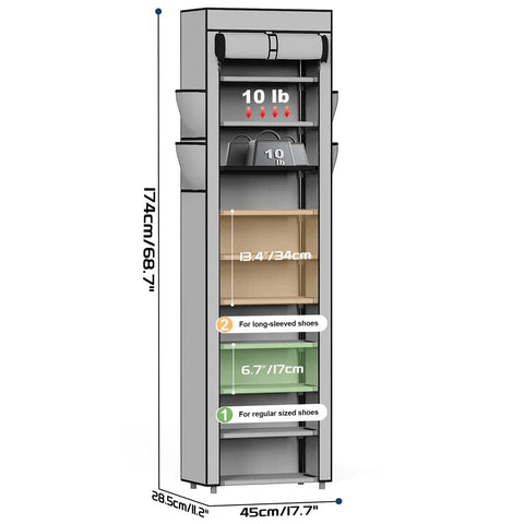 10 Tier Tall Shoe Organizer With Dustproof Cover Large Capacity Shoe Storage Rack For Entryway Closet Or Garage Holds 18 To 22 Pairs Grey Easy To Assemble And Space Saving Design shown in front view with dimensions and weight capacity