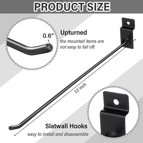 100 Piece 12 Inch Slatwall Hooks Set Black For Metal Slat Wall Hanging Displays Solid Heavy Duty Pegs Commercial Grade 2.2 Pound Load Capacity Easy Install And Durable showing product size and features.