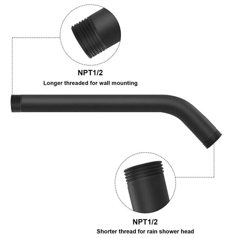 Matte Black 10 Inch Shower Arm With Flange, 304 Stainless Steel Extension Pipe, Wall Mounted for Fixed Showerhead, 1/2 NPT Threads