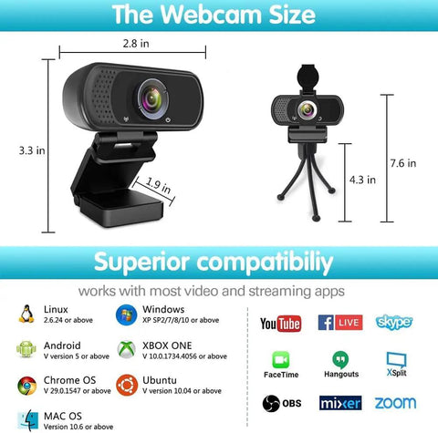 Dimensions of Smooth Operator 1080P Full HD Webcam With Integrated Mic, Plug And Play USB Camera For PC Laptop Mac.