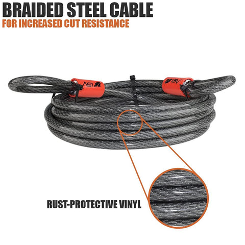 Heavy Duty Security Cable Lock With Loops 10mm Braided Steel Weatherproof and Cut Resistant Wire Cable coiled with close-up detail