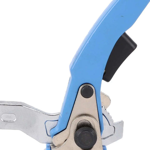 Close-up of blue and silver steel ratchet style bench dogs and clamps for 3/4 inch dog holes heavy duty woodworking hold downs