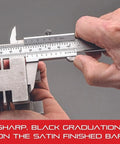 Person using Vernier Caliper With Hardened Stainless Steel Depth Rod And Lock Screw Built For Pro Grade Precision, close-up view.