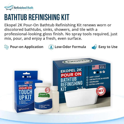 Bathtub Refinishing Kit Pour On Touch Up Coating For Tub And Tile Reglazing Odorless Non Toxic Made In USA box and components