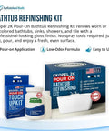Ekopel 2K Bathtub Refinishing Kit Pour On White Gloss Finish For DIY Tub Odorless One Coat Paint, packaging and tools displayed.