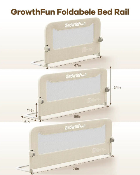 Foldable Toddler Bed Rail 59 Inch Reinforced Carbon Steel Frame with Connectors, cream color, multiple size options displayed