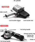 Heavy Duty Pneumatic Steel Strapping Tool, 3 In 1 Banding Machine showing air cylinder, locking buckle trigger, and tensioner features.