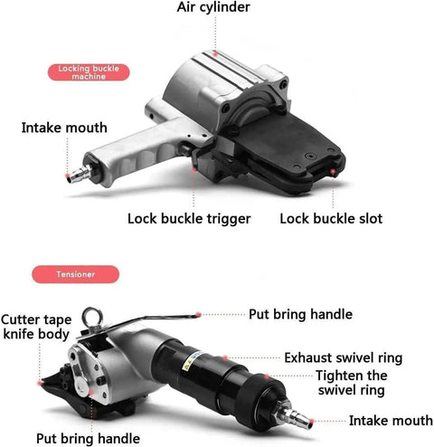 Heavy-Duty Pneumatic Steel Strapping Machine Tensioner And Cutter Sealer with air cylinder and locking buckle features close-up view.