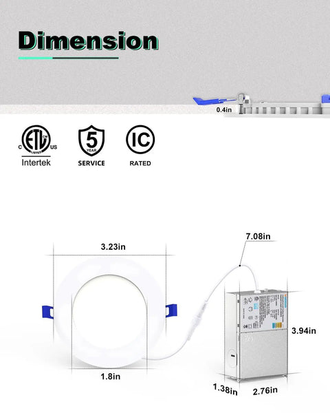 VOLISUN 8 Pack 3 inch Recessed Lighting, 5CCT, Dimmable dimensions showing sizes of light and driver.
