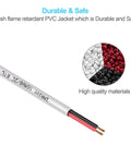 Close-up of 100 Ft 16 AWG 2 Conductor Red And Black Hookup Wire With Fire Resistant CL2 White Jacket In Wall Rated for LED projects