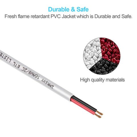 Close-up of 100 Ft 16 AWG 2 Conductor Red And Black Hookup Wire With Fire Resistant CL2 White Jacket In Wall Rated for LED projects