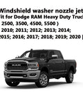 Two Pack Direct Replacement Windshield Washer Nozzles For 2009 To 2024 Dodge RAM 1500 5500 Trucks Easy Install With Two Hole Pattern Jet Nozzles OE Replacement Weatherproof Fit shown with Dodge RAM truck