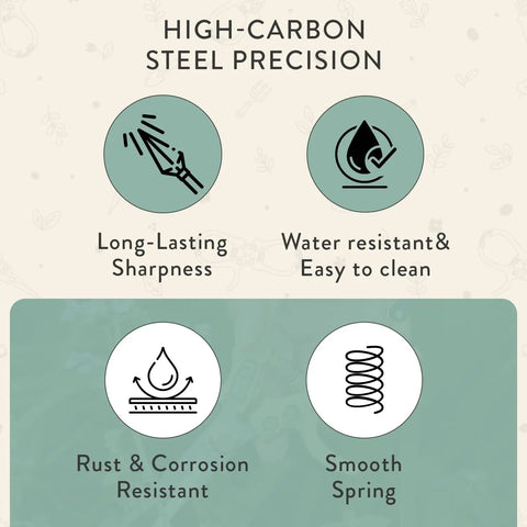 Infographic showing features of herbs and flowers pruning shears: long-lasting sharpness, water-resistant, rust-resistant, smooth spring.