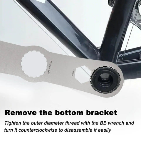 Multi Function Bottom Bracket Wrench For 39 40.5 And 44mm Outer Diameter 16 Notch Stainless Steel BB Tool in use on bike frame