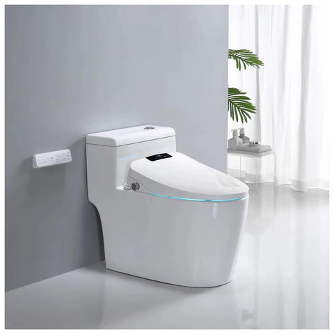 Super Plush Heated Toilet Seat With Auto Opening Bidet Lid Smart Ambient Night Light Short V Shape Design with control panel.