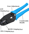 Pro Grade Heavy Duty Coaxial Cable Tool Kit With BNC Crimp Tool for RG58 RG59, blue handles, gear adjustment visible