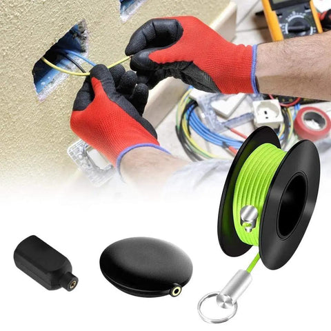 Magnetic Wire Puller Set With Fish Tape System For Fast Cable Routing Inside Walls And Outdoor Projects Cable Puller Tool Keeps Wires Safe Easy Run And Pull Kit For DIY Home Upgrades, black plastic with green tape