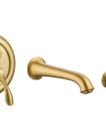 Brushed gold finish wall-mounted tub filler faucet with hand shower, showcasing a sleek modern design and high flow waterfall bath tap.