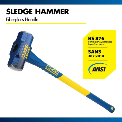 Hard Face 16 Pound Sledge Hammer For Demolition And Stake Driving With 36 Inch Fiberglass Handle Induction Hardened To 50 55 HRC Overstrike Protection And Textured Grip shown with ANSI certification.