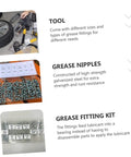260 Piece Grease Fitting Kit With Storage Box Includes 90 Degree 45 Degree And Straight Hydraulic Fittings For Cars SAE And Metric Sizes Easy Organization And Sizing Chart Included, showing detailed components and labels.
