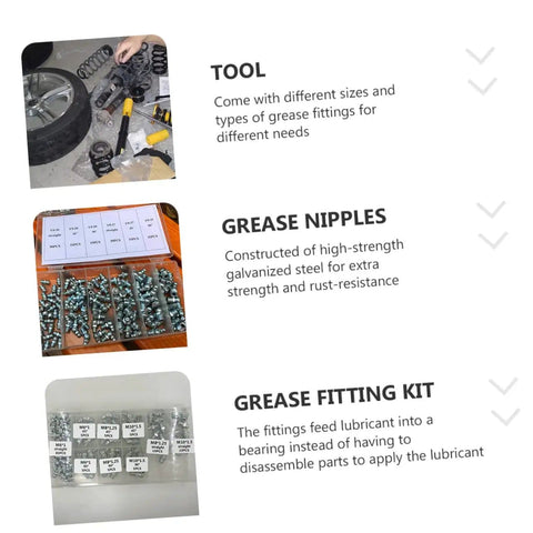 260 Piece Grease Fitting Kit With Storage Box Includes 90 Degree 45 Degree And Straight Hydraulic Fittings For Cars SAE And Metric Sizes Easy Organization And Sizing Chart Included, showing detailed components and labels.