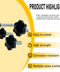 Killer Star Knobs With Galvanized Steel Bolts 1/4-20 Thread, black star-shaped knobs with metal screws for workshop use.