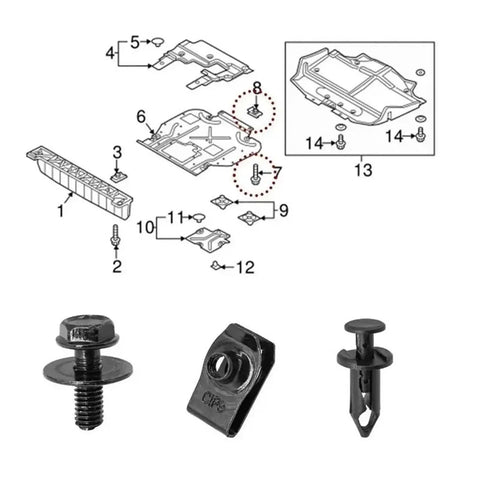 Diagram and components of U Shaped Fastener Kit M6 With Self Tapping Screws For Panels showing screw, clip, and gasket.