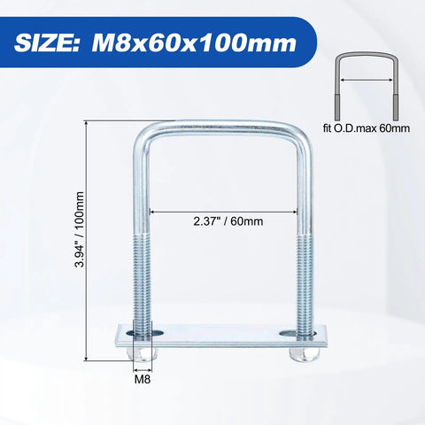 Heavy Duty Square U Bolts M8 60 100 mm 2 Pack Carbon Steel U Clamps dimensions, showing 60mm width and 100mm height.