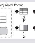 Card from Power Pen Learning Cards Fractions Set With 106 Problems Per Box And 53 Double Sided Cards To Boost Math Practice Use With Power Pen Or Power Pen Lite, showing fraction problems.