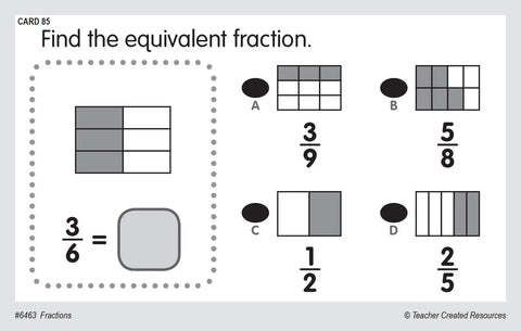 Card from Power Pen Learning Cards Fractions Set With 106 Problems Per Box And 53 Double Sided Cards To Boost Math Practice Use With Power Pen Or Power Pen Lite, showing fraction problems.